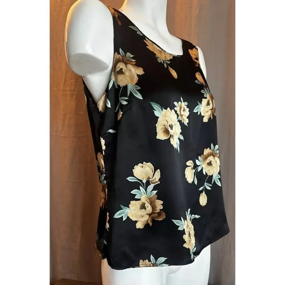 Kate Hill Silk Top Satin Black Tank Sleeveless Size 8 Floral Roses